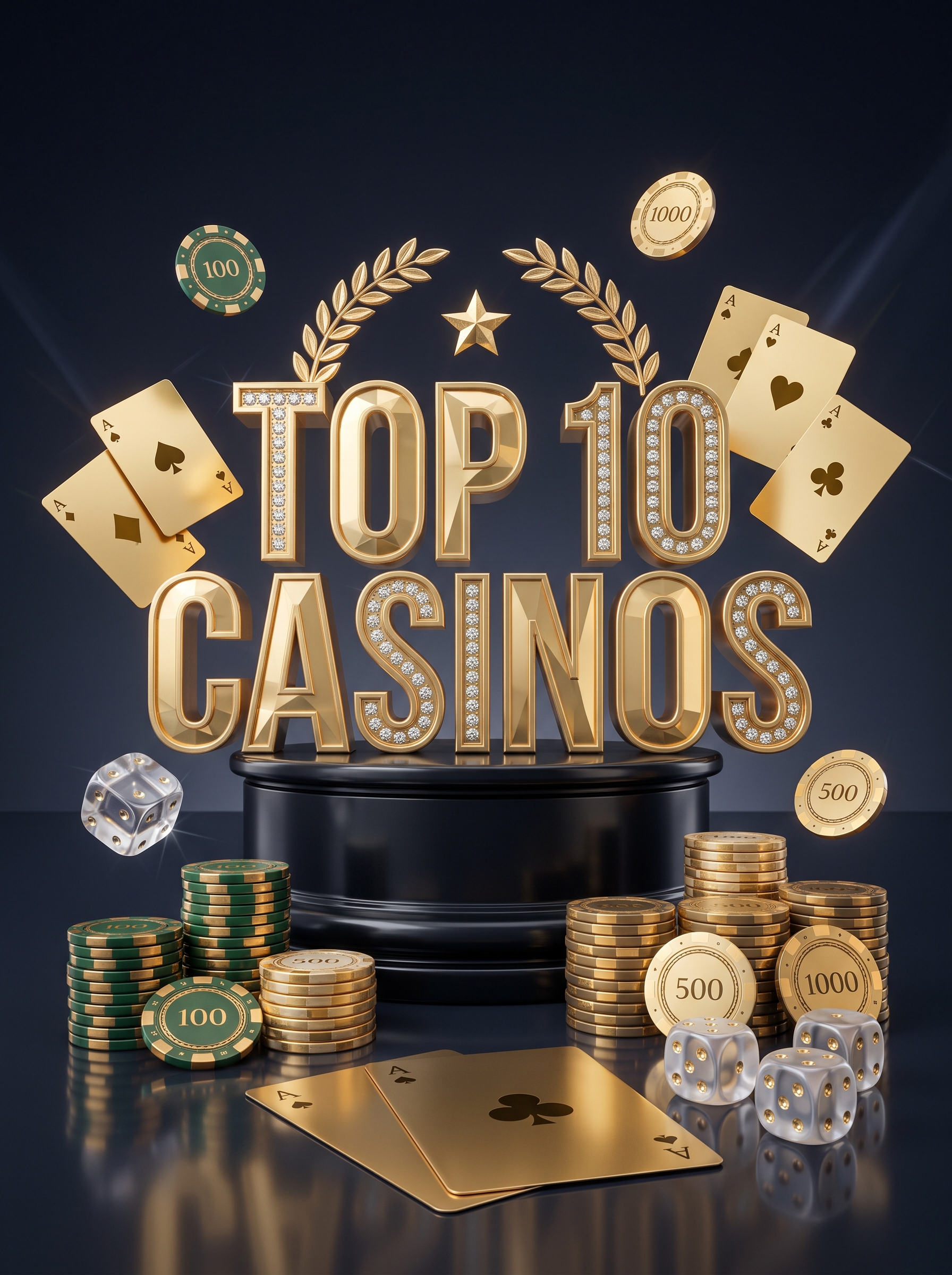Gold lettering and casino chips on a dark reflective floor